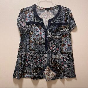 RXB Boho Cottagecore Indie Short Sleeve Tunic Top Embroidered Trim, Sz L, Multi